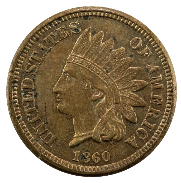 Indian Head Cent (bronze): front (type example, 1860 Indian Head cent)