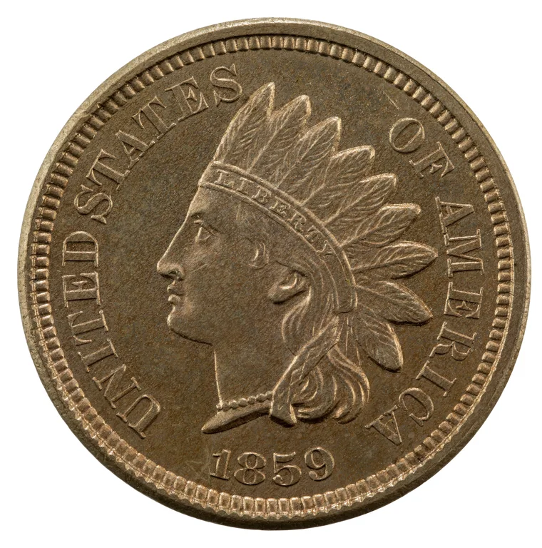 Indian Head Cent (copper-nickel): front (type example, 1859 Indian Head cent)