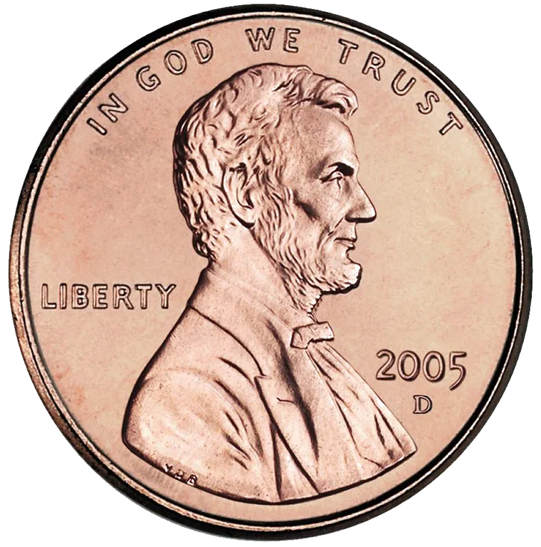 1964 penny: front (type example, 2005-D Memorial cent)