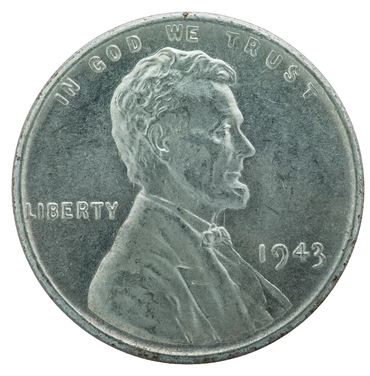 1943 penny: front (type example, 1943 steel cent)